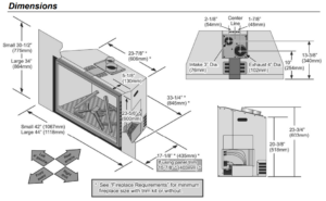 658_Dim | Lopi Stoves® Technical dimension diagram for a fireplace insert showing front, side, and top views with overall dimensions, opening sizes, vent connections (3-inch intake, 4-inch exhaust), and notes about minimum fireplace size and trim kit.