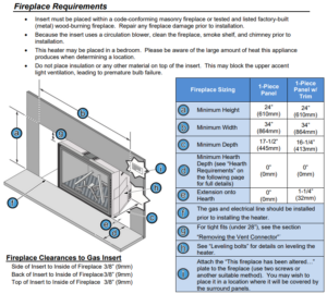 658_Requirements | Lopi Stoves® Technical diagram of fireplace clearances to a gas insert, with labeled parts a–i, showing the hearth, surrounding panels, walls, and a blue table of minimum dimensions (height, width, depth, hearth extension).
