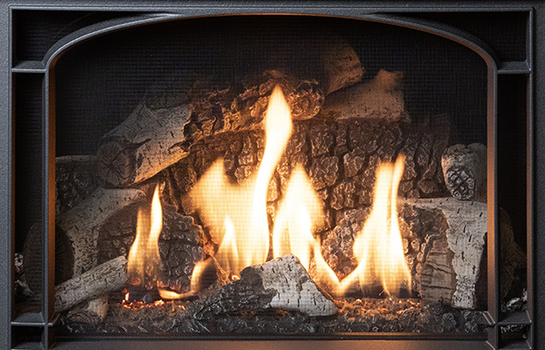 Wood-burning fireplace with glowing embers and tall orange flames, surrounded by a metal hearth/surrounding frame.