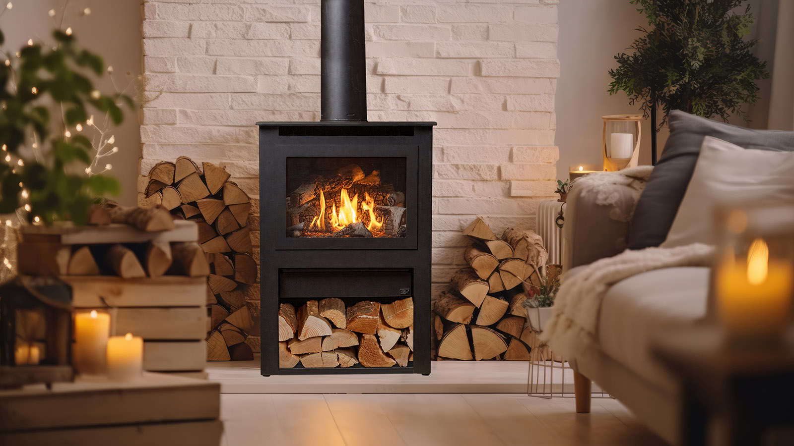 Cozy living room with a black wood stove glowing in front of a light stone wall, surrounded by stacked firewood and warm light.