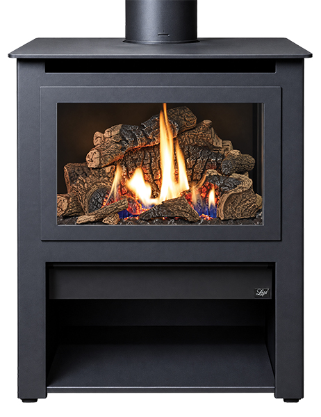 CedarStove | Lopi Stoves® Black freestanding wood-burning stove with a glass door showing a live fire in the firebox