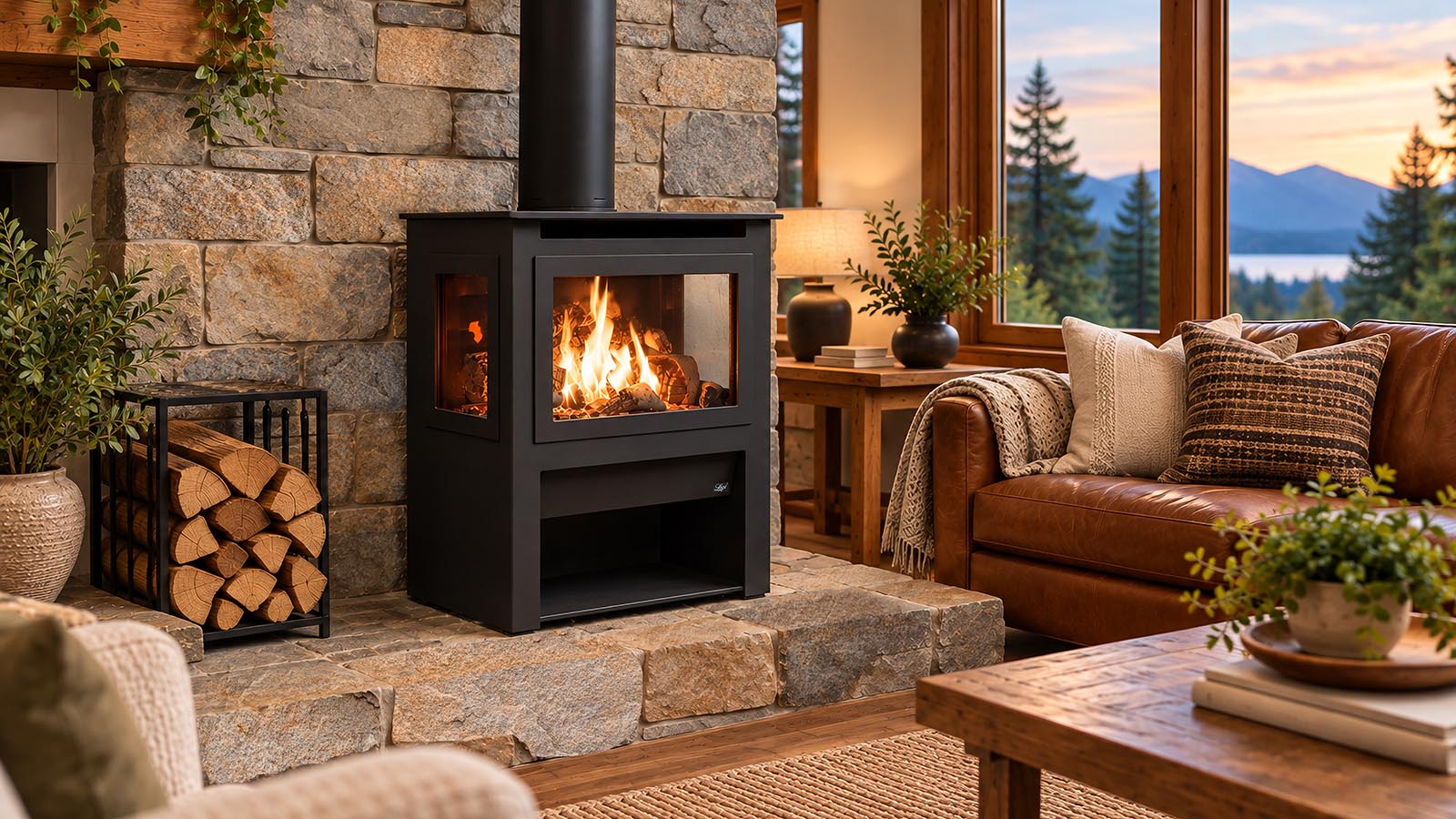 Cozy living room with a glowing wood stove on a stone hearth, stacked logs, and a leather sofa by a large window.