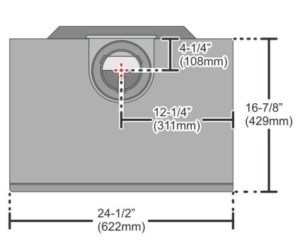 Cedar_Dim1 | Lopi Stoves® Technical mounting diagram of a rectangular unit with a circular opening near the top left, showing labeled dimensions in inches and millimeters: overall width 24-1/2