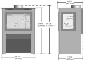 Cedar_Dim2 | Lopi Stoves® Technical drawing of a stove showing front and side views with installation dimensions: overall width 23-1/2 in, height 34-3/8 in, depth 18-1/2 in, and door opening 11-1/2 by 18-1/2 in.