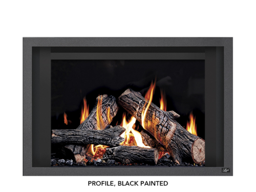 Black-painted fireplace insert with glowing flames and stacked logs inside the firebox