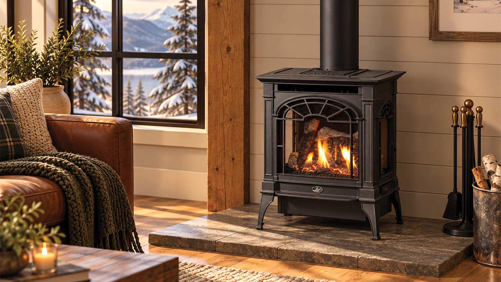Cozy living room with a lit wood stove on a stone hearth and snow-covered trees outside the window.