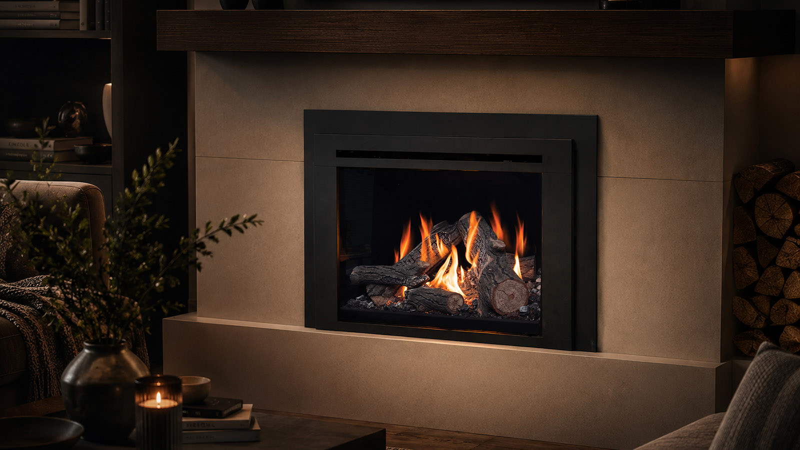 Fireplace with glowing logs burning in a modern stone surround, flanked by a living room with plants and a candle on a nearby table