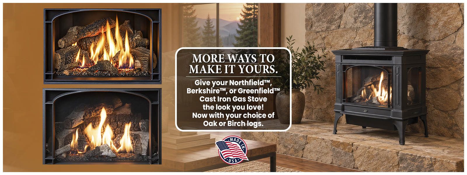 Promotional banner for cast-iron gas stoves in a cozy stone-and-wood living room; oak or birch log options highlighted. Made in USA badge visible.