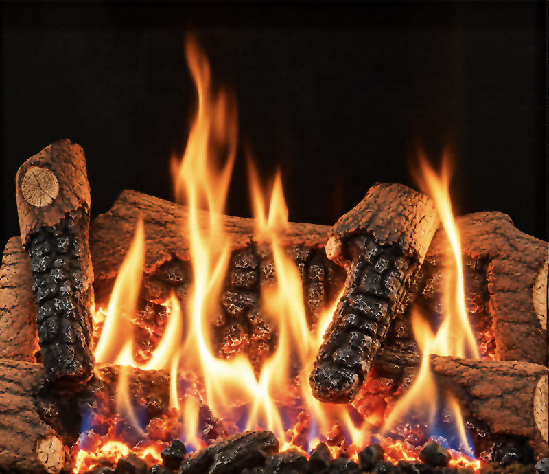A warm wood-burning fireplace with glowing embers and orange flames licking the logs.